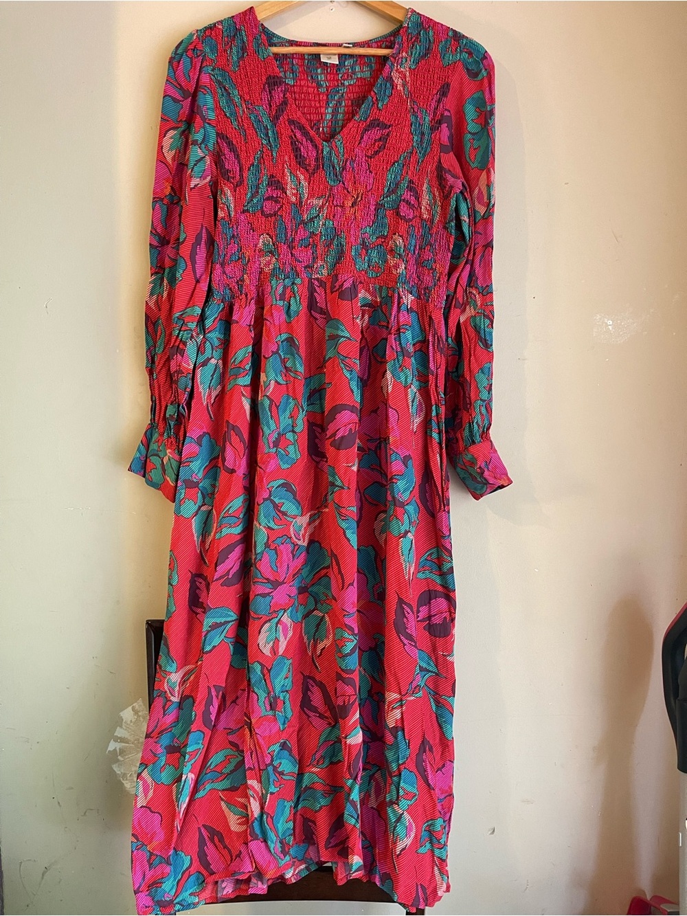 Y.A.S Pink Teal Floral Smocked Shirred Long Sleeve V Neck Midi Dress Sz L